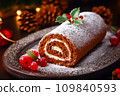 Christmas desserts Swiss roll decorated on table, gourmet party background, generative AI. 109840593