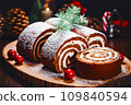 Christmas desserts Swiss roll decorated on table, gourmet party background, generative AI. 109840594