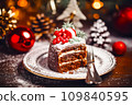 Christmas desserts Swiss roll decorated on table, gourmet party background, generative AI. 109840595