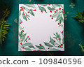 Christmas greeting card concept, top view of blank copy space board, generative AI. 109840596