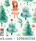 Christmas water color pattern of doll gift box and tree, seamless pattern, generative AI. 109840598