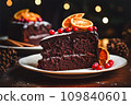 Vegan mulled wine chocolate cake decorated on wooden table, Christmas dessert background, generative AI. 109840601