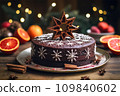 Vegan mulled wine chocolate cake decorated on wooden table, Christmas dessert background, generative AI. 109840602