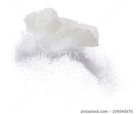Rock Sugar mix refined ground dust fly explosion, white crystal Rock Sugar abstract cloud floating. Big Rock Sugar splash throwing in air. white background isolated high speed freeze motion 109840870