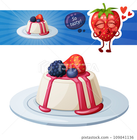 Panna cotta dessert with berries icon and strawberry character. Cartoon vector illustration isolated on white background Panna cotta dessert with berries icon and strawberry character. Cartoon vector illustration isolated on white background 109841136