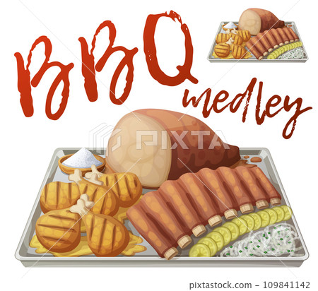 Texas BBQ medley icon. Vector illustration barbecue meat on tin tray with white onions and gerkins Texas BBQ medley icon. Vector illustration barbecue meat on tin tray with white onions and gerkins 109841142