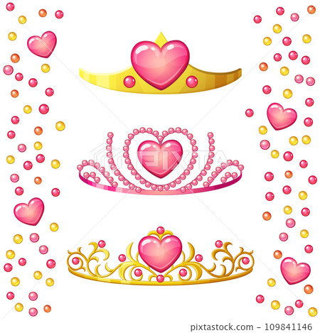 Princess crowns with heart gem isolated on white background. Golden tiaras vecotr icons collection for little girls 109841146