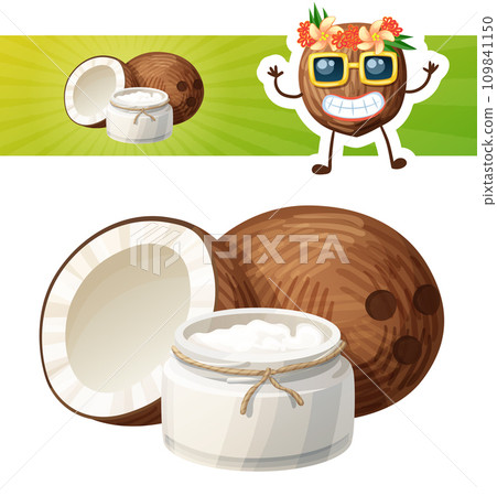 Coconut oil in a glass jar. Cartoon vector icon with a coconut character 109841150