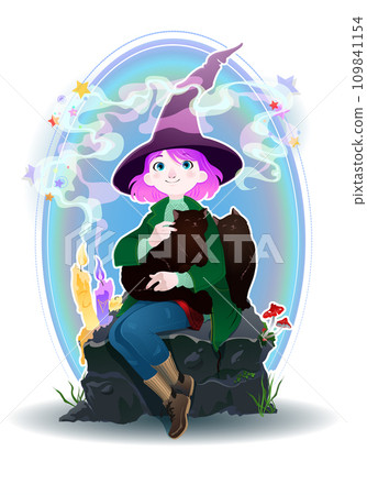 Cartoon witch girl with fellow cats. Vector illustration of young lady sorcerer Cartoon witch girl with fellow cats. Vector illustration of young lady sorcerer 109841154