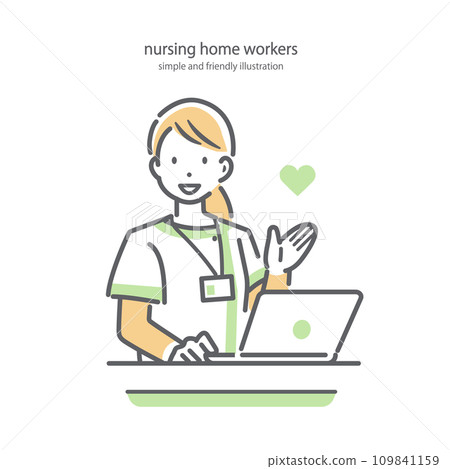 A simple and stylish line drawing illustration of a female staff member smiling and providing guidance at the reception desk of a nursing care facility. 109841159