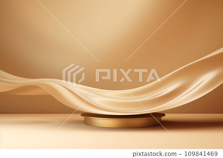 Elevate Your Brand, Luxury Beige Podium on Flowing Gold Fabric 109841469