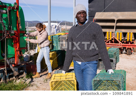 African american man carrying empty plastic boxes at farm 109841891
