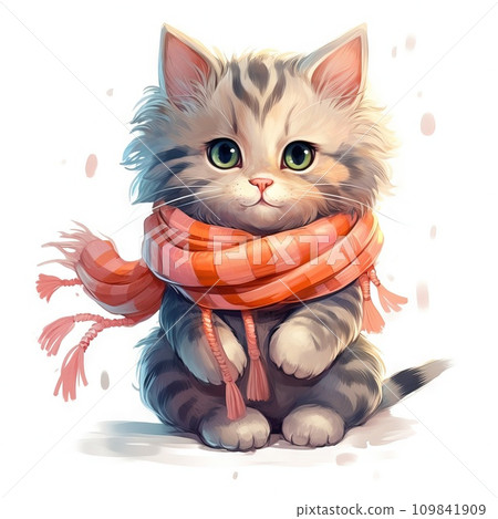 AI-generated content. A cute snow cat with a colorful sweater posing elegantly against Generative AI 109841909