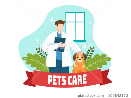 Pets Care Vector Illustration with Animal Shelter or Vet Clinic for Taking Care of Dog or Cat in Healthcare Flat Cartoon Background Design 109842120