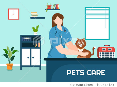 Pets Care Vector Illustration with Animal Shelter or Vet Clinic for Taking Care of Dog or Cat in Healthcare Flat Cartoon Background Design 109842123
