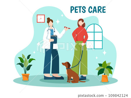 Pets Care Vector Illustration with Animal Shelter or Vet Clinic for Taking Care of Dog or Cat in Healthcare Flat Cartoon Background Design Pets Care Vector Illustration with Animal Shelter or Vet Clinic for Taking Care of Dog or Cat in Healthcare Flat Cartoon Background Design 109842124