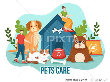 Pets Care Vector Illustration with Animal Shelter or Vet Clinic for Taking Care of Dog or Cat in Healthcare Flat Cartoon Background Design 109842125
