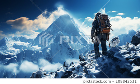 person climbing a steep mountain in winter person climbing a steep mountain in winter 109842531