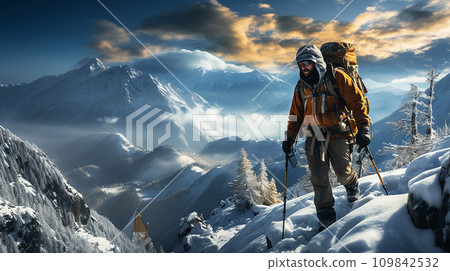 冬天爬陡峭山峰的人 冬天爬陡峭山峰的人 109842532
