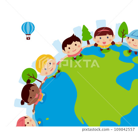 Illustration of children holding hands and looking up at the sky/Various races (Earth) | For corner/footer design 109842557