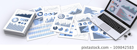 筆記型電腦的圖像和一堆業務文檔，制定業務策略並分析數據 109842583