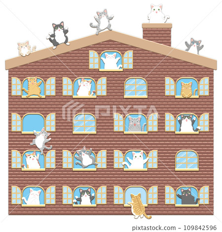 Illustration set of a comical cat peeking out of the window of a cute house 109842596