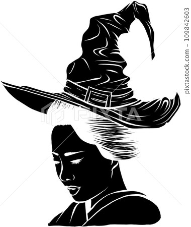 beautiful witch with long hair wearing traditional hat - halloween sorceress costume black and white vector portrait beautiful witch with long hair wearing traditional hat - halloween sorceress costume black and white vector portrait 109842603