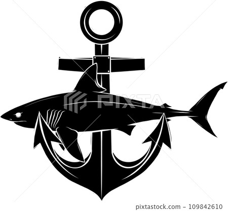 vector black silhouette of White Shark With Anchor on white background vector black silhouette of White Shark With Anchor on white background 109842610