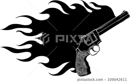 black silhouette of Western pistol or revolver with flames vector Illustration in detailed style isolated on white background 109842611