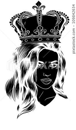 black silhouette of woman with crown pendant in monochrome style isolated vector illustration 109842634