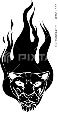 black silhouette of head tiger with flames on white background black silhouette of head tiger with flames on white background 109842636