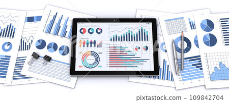 Image of tablet displaying data and business materials, building business strategy and data analysis 109842704