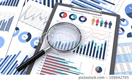 Take a closer look at business documents on a clipboard with a magnifying glass 109842705