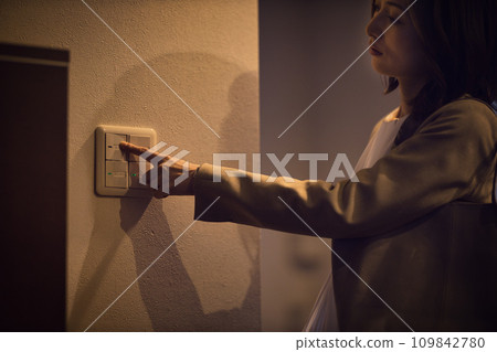打開房間裡的燈的女商人的夜間例行公事 打開房間裡的燈的女商人的夜間例行公事 109842780