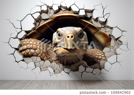Cute turtle peeking out of a hole in wall for mockup. Generative AI Cute turtle peeking out of a hole in wall for mockup. Generative AI 109842902