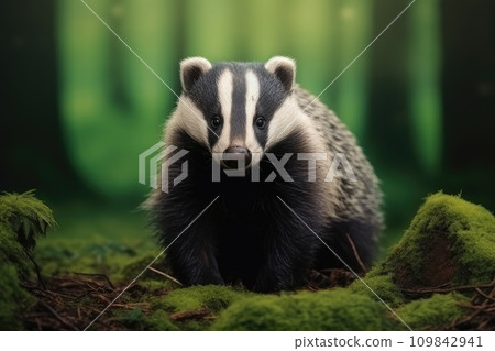 Beautiful badgers in outdoor wild forest nature background. .. Generated with AI. 109842941