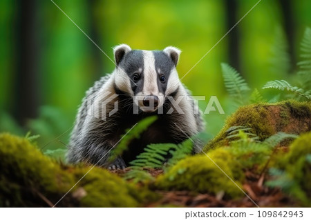 Beautiful badgers in outdoor wild forest nature background. .. Generated with AI. Beautiful badgers in outdoor wild forest nature background. .. Generated with AI. 109842943