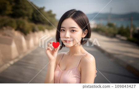 Image of a female model holding a heart object (Generative AI) 109843427