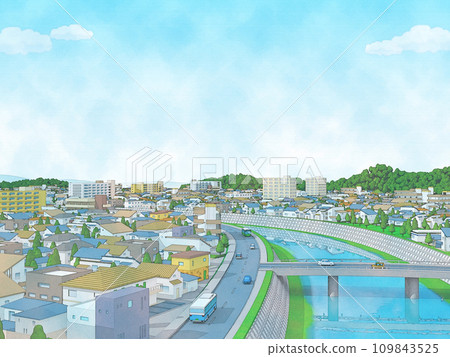 房屋，住宅，城鎮，河流，城市，手繪風格插畫，水彩風格背景 109843525