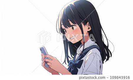 A female student looking at a smartphone with a smile 109843916