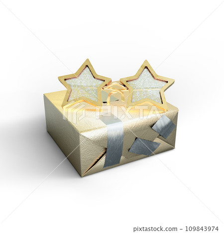 Golden Sunglasses in Star Shape on Golden Gift Box with Silver Duct Tape. 3D Illustration. File with Clipping Path. Golden Sunglasses in Star Shape on Golden Gift Box with Silver Duct Tape. 3D Illustration. File with Clipping Path. 109843974