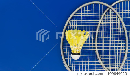 Yellow feather shuttlecock on badminton racket 109844023
