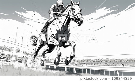 馬和騎師在賽馬場上奔跑 109844539