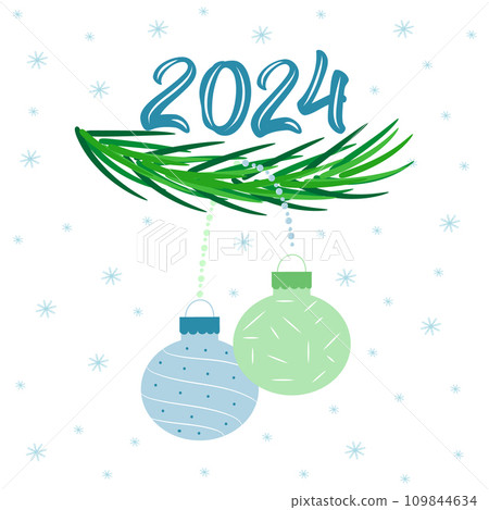 A 2024 New Year greeting card with two baubles hanging of a green branch vector illustration. A 2024 New Year greeting card with two baubles hanging of a green branch vector illustration. 109844634