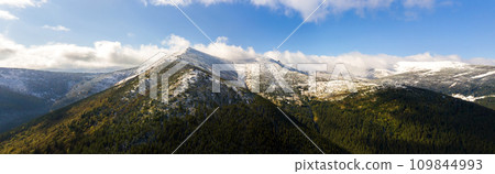 High mountain peaks covered with autumn spruce forest and high snowy summits. 109844993