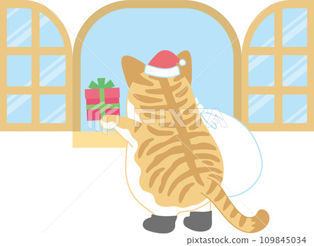 Santa cat placing a box of presents in the open window_back view Santa cat placing a box of presents in the open window_back view 109845034
