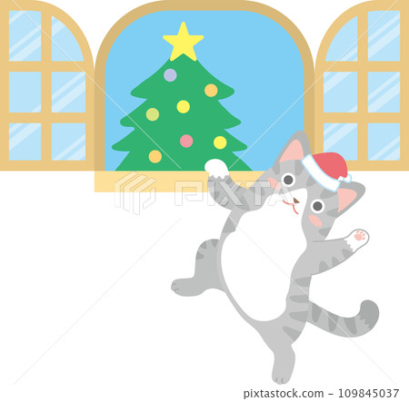 A cute cat dressed as Santa_A white mackerel cat hanging from the window sill in a room decorated with a Christmas tree A cute cat dressed as Santa_A white mackerel cat hanging from the window sill in a room decorated with a Christmas tree 109845037