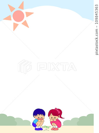 孩子們觀察雙葉、公園和天空的框架[A4，垂直] 109845363