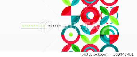 Abstract background - minimalist circles and round elements composition with varying sizes circles and other geometric shapes. The elements are arranged symmetrically in a grid-like pattern 109845491