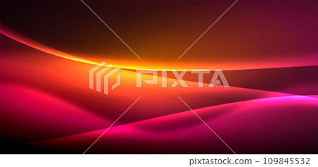 Dynamic waves in ethereal glow of neon lights. Concept merges fluidity of motion with vibrant allure of neon, crafting entrancing backdrop that embodies both vitality and futuristic sophistication 109845532
